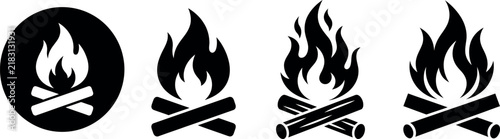 Black silhouette icons of campfires and burning wood logs with campfire icon fire icon bonfire silhouette camp fire flame icon outdoor activit