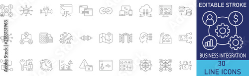 Business integration and system data connectivity software line icon set. Vector symbols for puzzle piece connection, API cloud synchronizing, corporate merger handshake, gear chain workflow, and cros