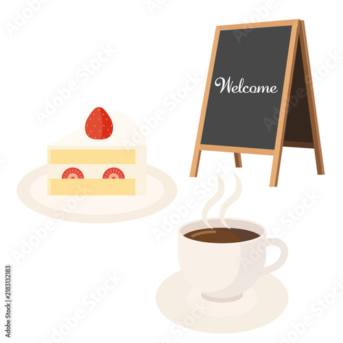 カフェのウェルカムボードとケーキとコーヒーのイラストセット
