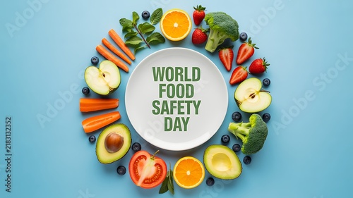 World food safety day concept with colorful healthy fruits and vegetables