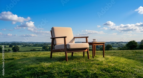 Mid-century armchair and side table on grassy hill under blue sky - Solitude and relaxation concept - Horizontal banner