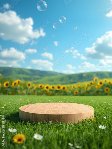 Wooden round podium on green grass with sunflower field and floating soap bubbles - Product display - Vertical portrait