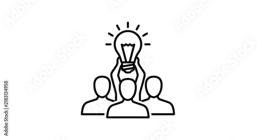 Group of people holding a lightbulb icon representing teamwork and creative business ideas
