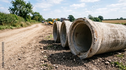 Foto Concrete drainage pipes and culverts sit on a rural construction site during inf