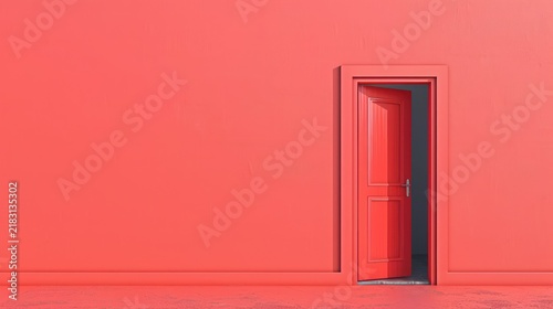 A vibrant red door stands within a large, solid red wall. The door is slightly ajar, revealing a matching red interior.