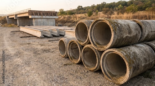 Foto Concrete drainage pipes and highway bridge construction site featuring stacked c