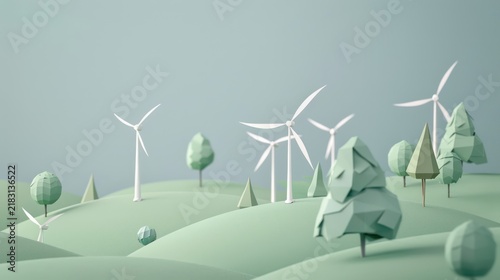 Several low-poly wind turbines stand on a gently rolling green hill. A few stylized trees and shrubs dot the landscape.