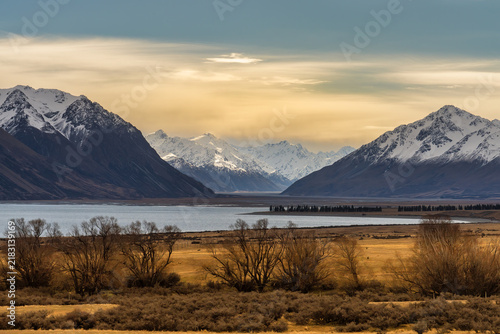 The snow covered alps including including  some of its highest peaks viewed from Lilybank road on the northern shore of Lake Tekapo
