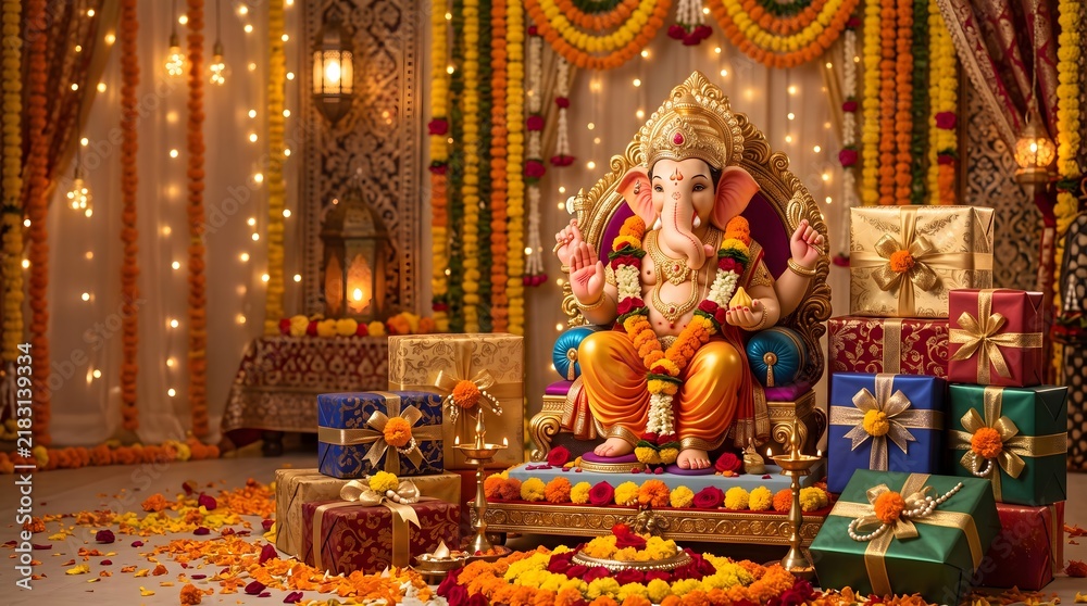 Fototapeta premium Grand Lord Ganesha Idol Decorated for Ganesh Chaturthi Festival Puja with Traditional Gifts and Diyas