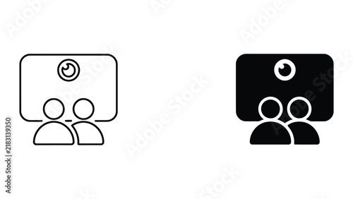 Video conference meeting group icon in outline and solid black vector style