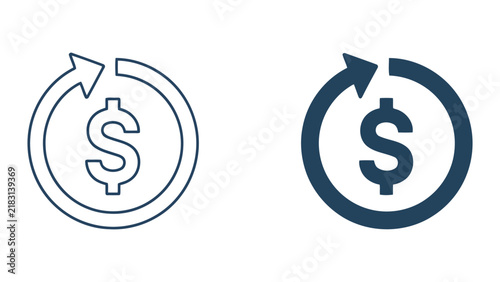 Dollar currency symbol with circular arrow in outline and solid dark blue style