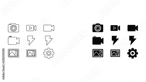 Set of multimedia and photography interface icons in outline and solid vector styles