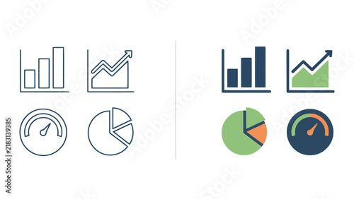 Business analytics and data visualization icons in outline and colorful solid style