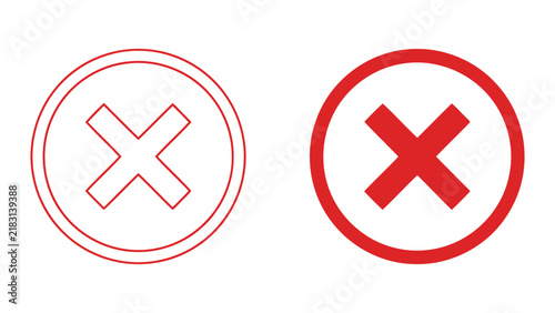 Red rejection or error cross symbol in double line and solid circle vector style