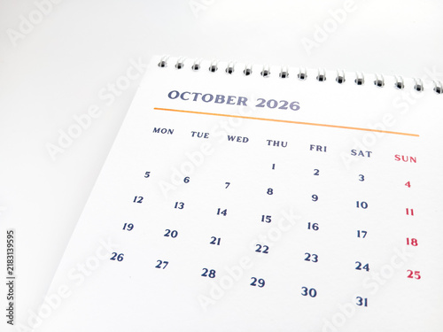 October 2026 calendar page close up on a white background