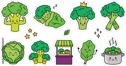 Cute broccoli character sticker set featuring kawaii cartoon illustrations of smiling vegetables sleeping cooking flexing muscles and healthy green food market stalls