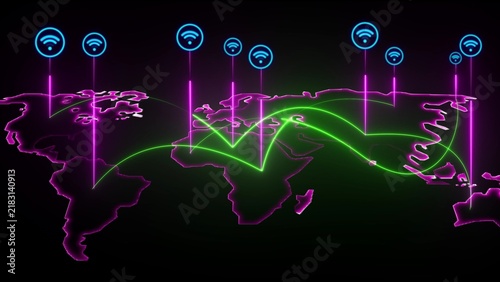 Global Wi- Fi network with neon purple and green connections on a world map Wi-Fi wireless