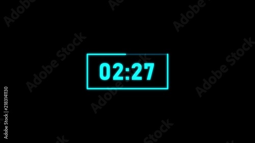 Neon blue digital timer displaying 02:27 on a black background countdown clock
