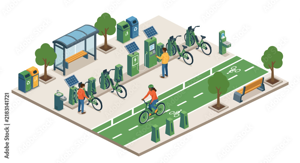 Fototapeta premium Bike Sharing Dock Station with Green Cycling Lane, Bus Shelter, and Solar Charging Panels