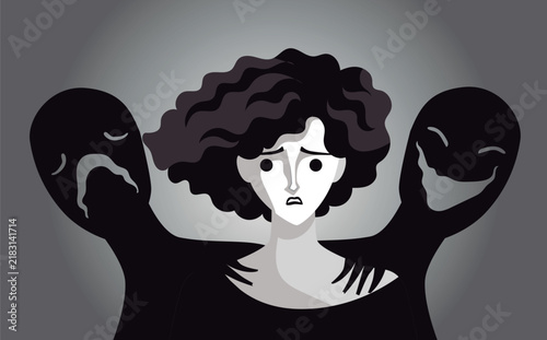 bipolar borderline woman with two contrasting happy and sad shadows