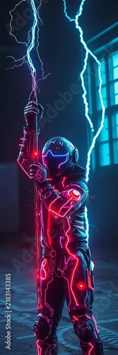 Cybernetic athlete carves frozen digital veins, stick raised in a lightning-charged moment, the void hums, neon hockey player,  dutch angle