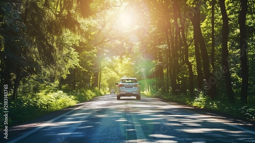 Eco friendly vehicle driving in forest road, sustainability theme.