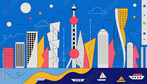 Modern Cityscape Skyline with Abstract Geometric Shapes and Stylized Buildings - Blue, Yellow, Pink