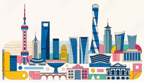 Modern Cityscape Illustration: Shanghai Skyline, Architectural Landmarks & Vibrant Colors