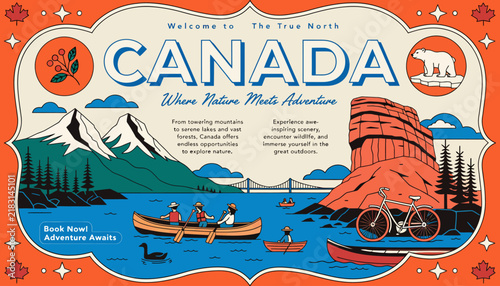 Welcome Canada Travel Poster: Mountains, Lake, Canoe, Polar Bear, Bicycle, Adventure