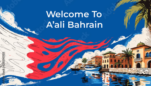 Welcome To A'ali Bahrain: Arabian Coastal Town Scenery with Bahrain Flag Element
