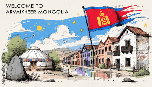 Welcome to Arvaikheer Mongolia - Traditional Ger and Colorful Townscape with Mongolian Flag Banner