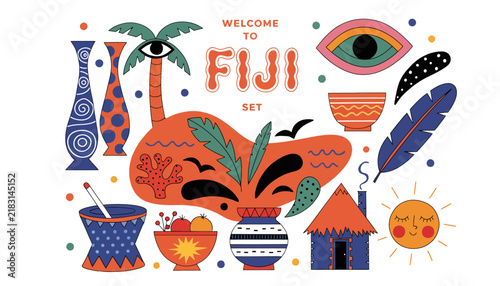 Welcome to Fiji Set: Tropical Island Illustration with Cultural Icons and Vibrant Colors