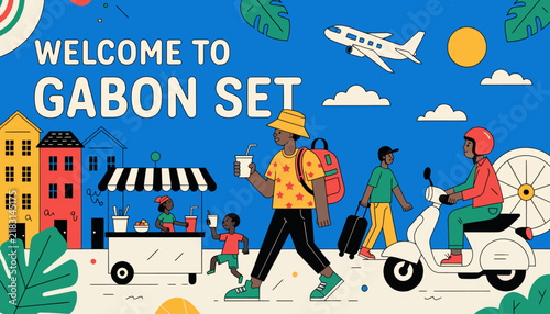 Welcome to Gabon Set: Vibrant African Cityscape with Diverse People, Street Scene, Tropical Flora, and Travel Elements