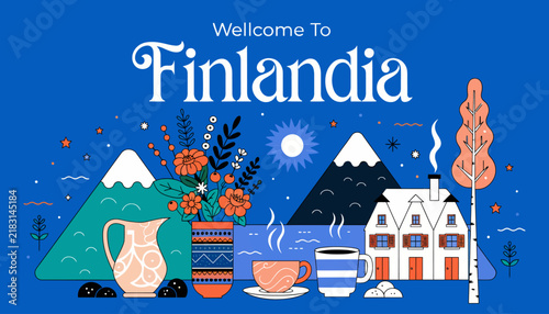 Welcome to Finlandia Illustration: Finnish Landscape, Cozy House, and Warm Drinks
