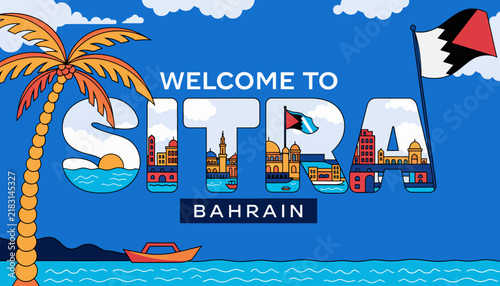 Welcome to Sitra, Bahrain: Vibrant Coastal Cityscape Illustration with Palm Tree and Bahrain Flag