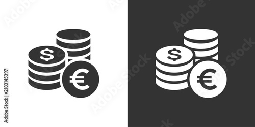 Euro and dollar coin money icon with stacked currency symbols for finance banking savings and payment vector illustration
