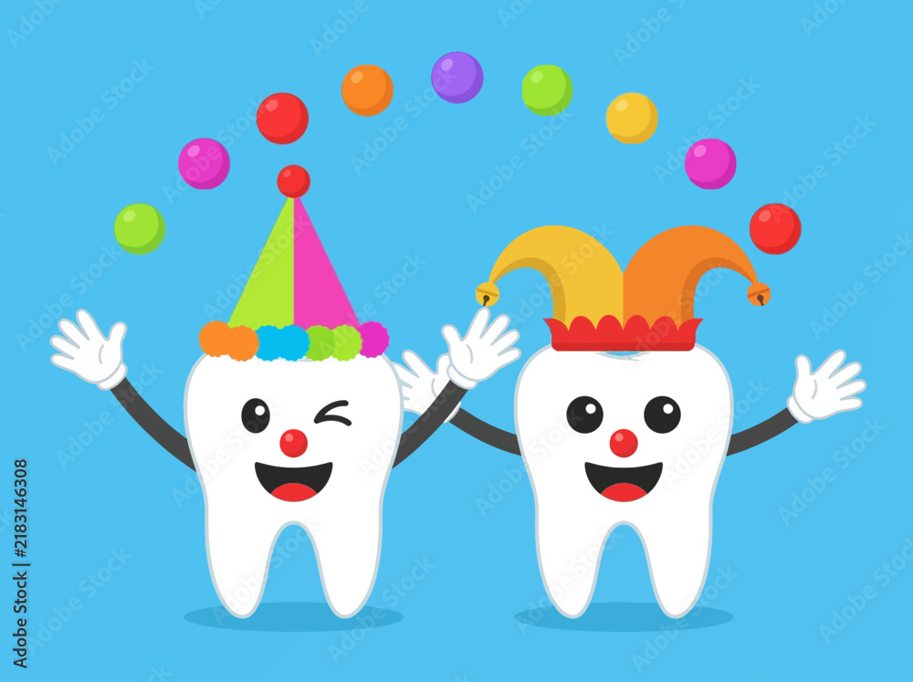 Naklejka premium Funny Cartoon Teeth Characters Dressed as Clown and Jester Juggling Balls