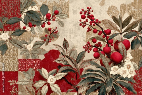 Red berries on branches with foliage and patterned squares in a vintage botanical arrangement