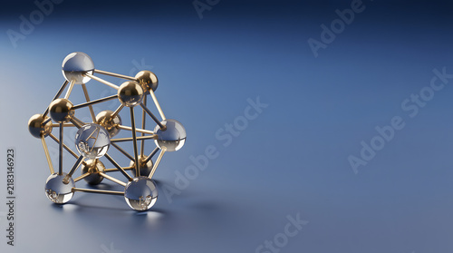 Abstract Molecular Structure: A complex molecular model composed of interconnected gold and glass spheres, rendered in a metallic and futuristic style, suggesting science and innovation.