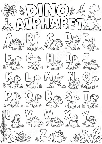 Dino Alphabet Coloring Page for Kids with Cute Dinosaurs and A to Z Letters