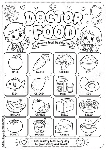 Doctor Food Healthy Foods Coloring Page for Kids with Fruits and Vegetables