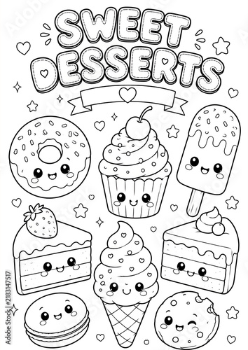 Sweet Desserts Coloring Page for Kids with Cute Cakes, Ice Cream and Donuts