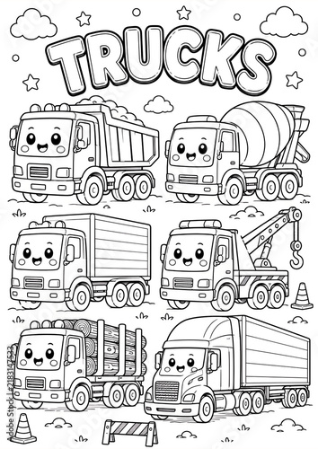 Cute Trucks Coloring Page for Kids with Construction and Utility Vehicles