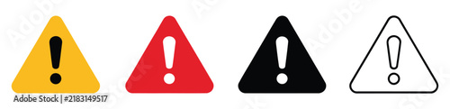 Warning sign icon set with exclamation mark in triangular yellow red black and outline frames isolated on white background vector illustration