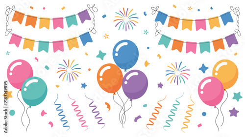 Colorful birthday celebration party decoration set with festive balloons bunting garlands confetti streamers stars and fireworks vector elements isolated on white background