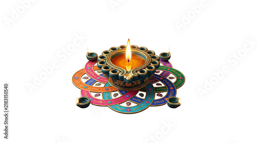 Decorative diya lamp with intricate patterns isolated on transparent background