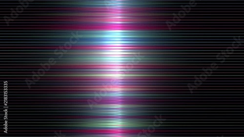 Motion graphics animation of glowing horizontal neon scan lines with colorful light flare effects shifting across dark background overlay