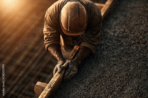 Worker in a hardhat smoothing freshly poured concrete with a wooden screed at golden hour.