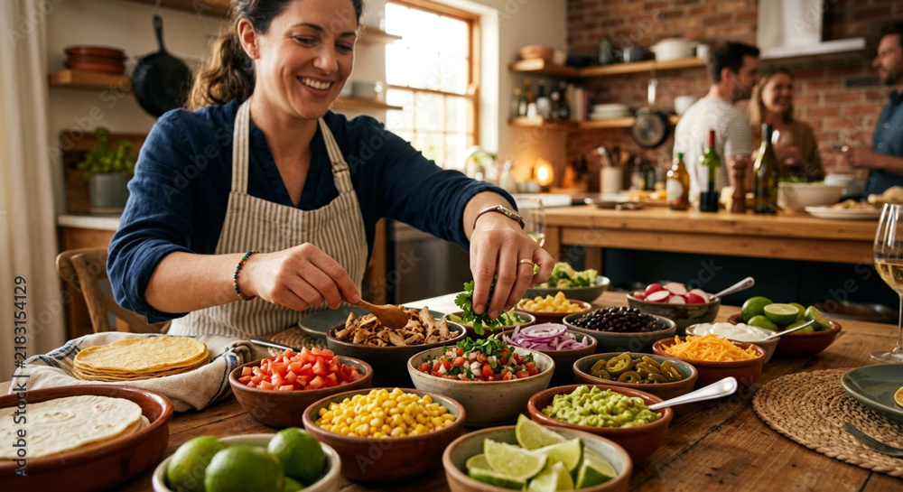 Fototapeta premium Happy woman preparing delicious tacos with fresh ingredients at a dinner party.