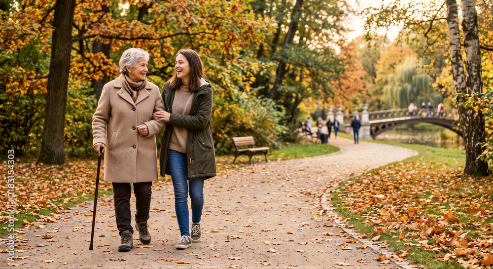 Fototapeta premium Happy senior woman walking with her adult daughter and talking together along a path in a beautiful sunny autumn park